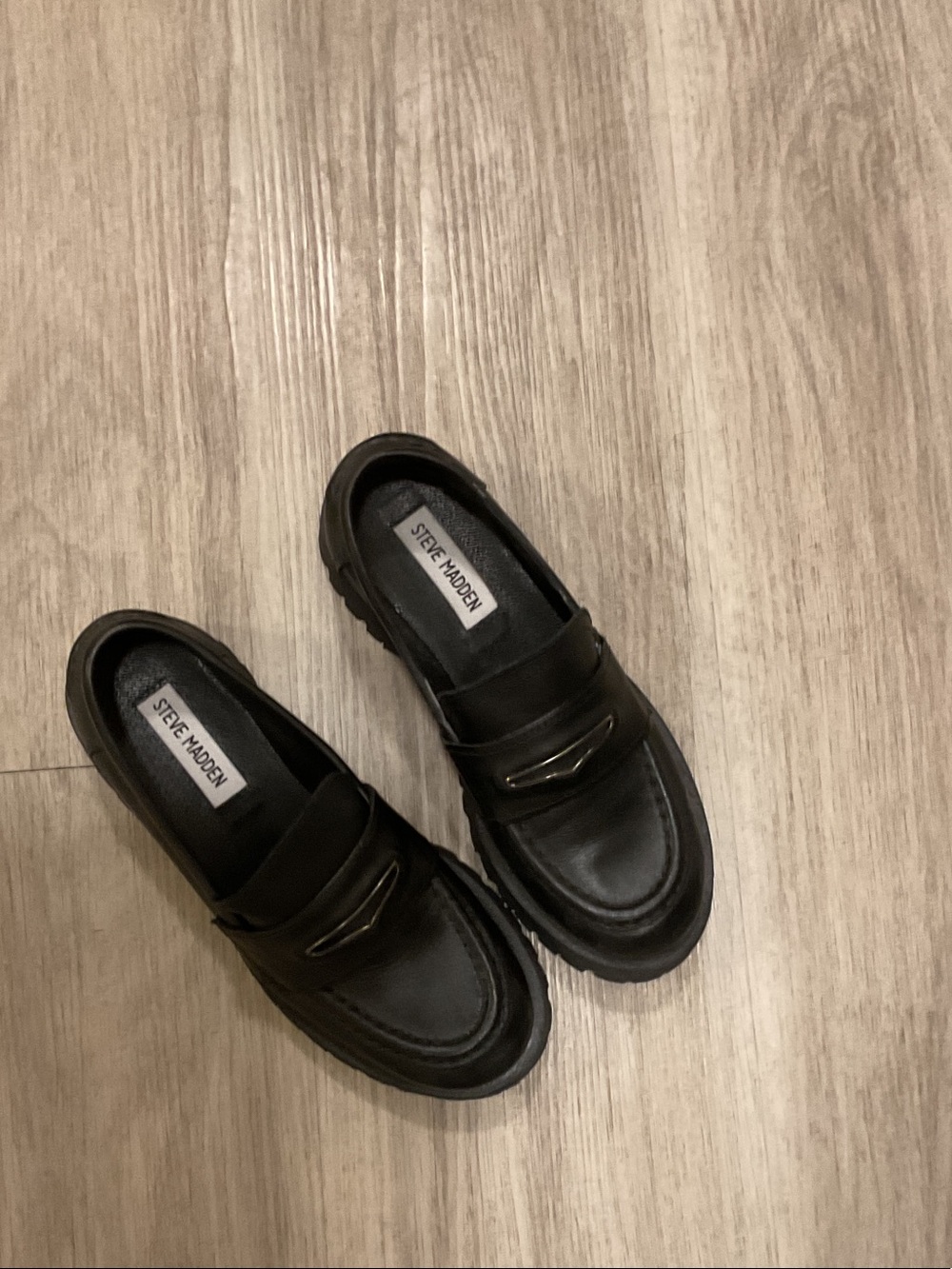 Steve Madden Black Leather Lug-Sole Penny Loafers